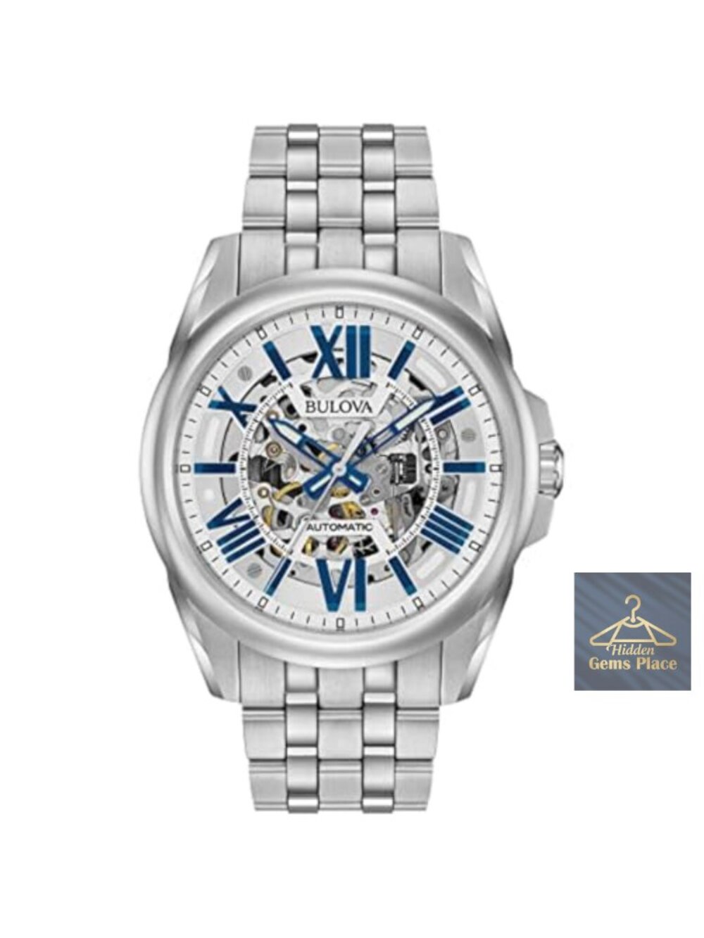 Men's Automatic Skeleton Watch 21-Jewel Silver Stainless Steel 43mm 100M Water